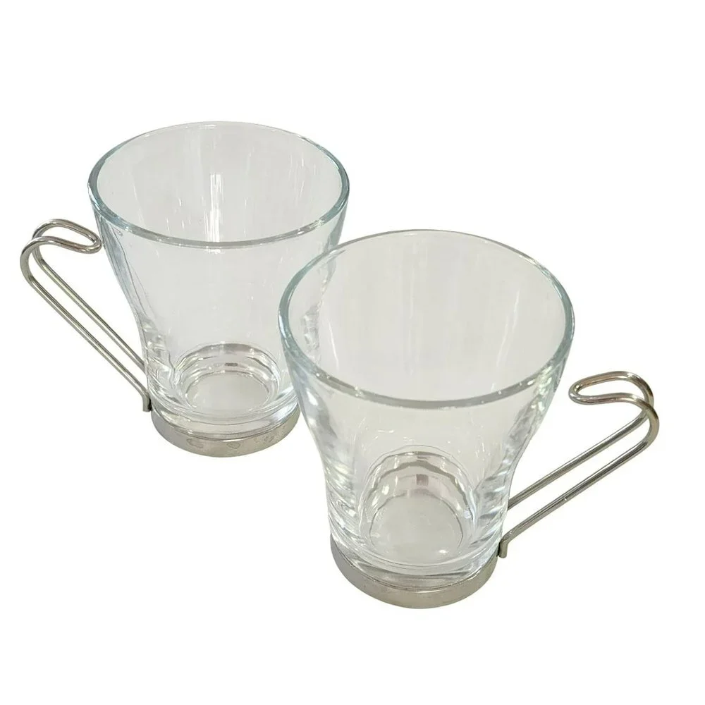 Vintage Clear Glass Cappuccino Expresso Tea Cup Coffee Mug Set of 7 Metal Handle